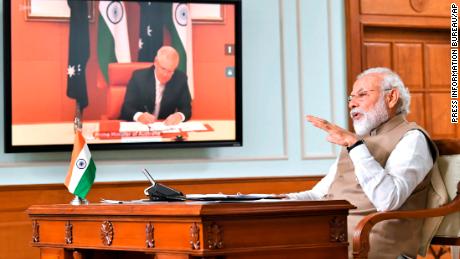Indian Prime Minister Narendra Modi speaks during a virtual meeting with Australian Prime Minister Scott Morrison, in New Delhi, India, on Thursday, June 4, 2020. 