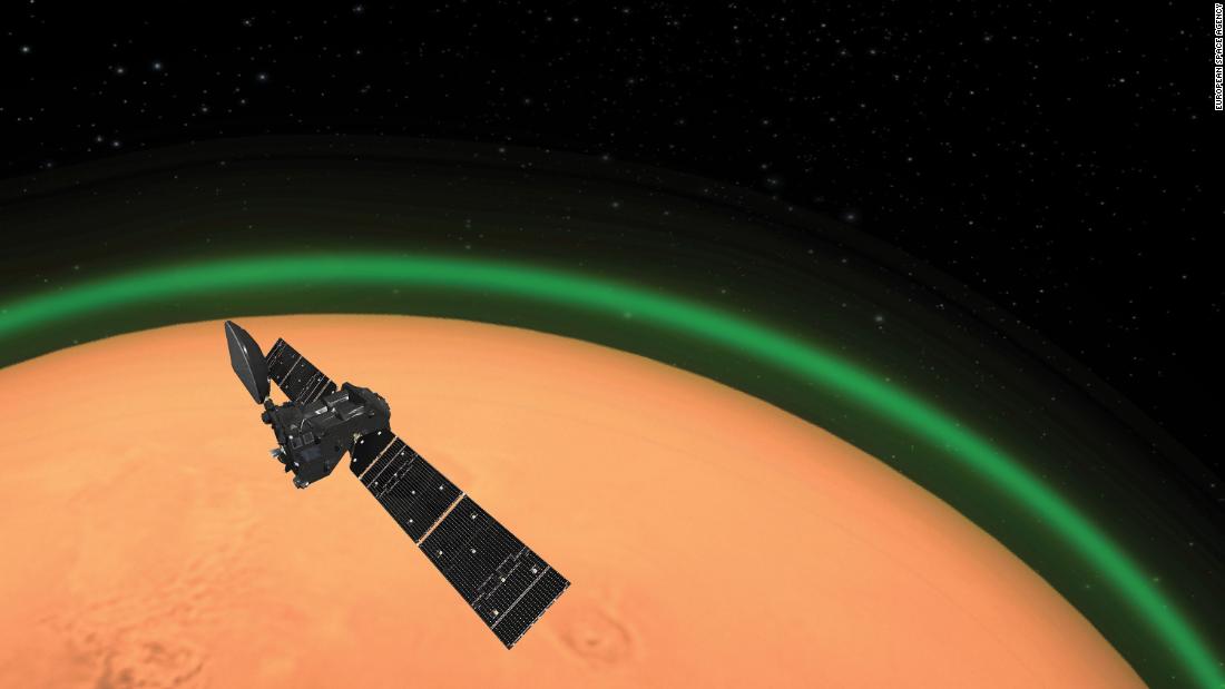 The spaceship captures the green glow of Mars