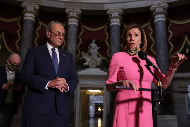 U.S. Speaker of the House Rep. Nancy Pelosi (D-CA) and Senate Minority Leader Sen. Chuck Schumer (D-NY) speak to members of the press after a meeting with Treasury Secretary Steven Mnuchin and White House Chief of Staff Mark Meadows at the U.S. Capitol August 7, 2020 in Washington, DC.