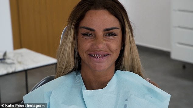 Smile! The former glamour model, 42, disregarded her old gnashers while in the dentists chair at a surgery as she declared she no longer needed them