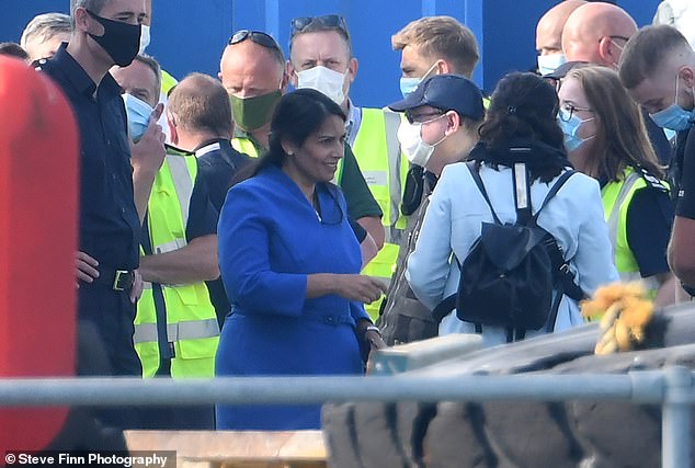 British Home Secretary Priti Patel, pictured visiting Dover on Monday, has sparked a diplomatic row with France by claiming that migrants were crossing the Channel to escape ‘racist’ France, where they feared they would be tortured