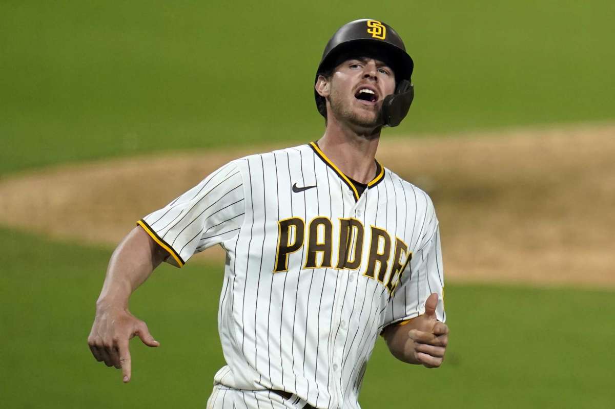 Will Myers of the San Diego Padres team reacts after he strikes at home during the seventh game of the second game of the National League Baseball Series against the St. Louis Cardinals, Thursday October 1, 2020, in San Diego.