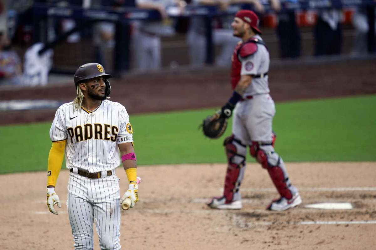 Fernando Tatis Jr. is sidelined from San Diego Padres after he was knocked out during the third half of the second game of the National League Baseball Series against the St. Louis Cardinals, Thursday October 1, 2020, in San Diego.