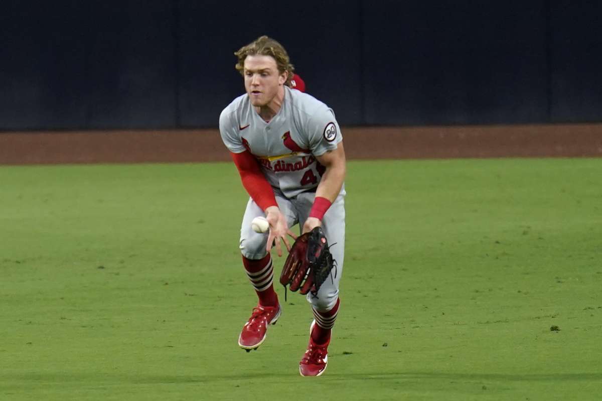 St.Louis Cardinals midfielder, Harrison Bader, cannot be caught in one line by Jorrickson Provar of San Diego Padres during the fifth inning of the second game of the National League Baseball Series on Thursday, October 1, 2020, in San Diego.