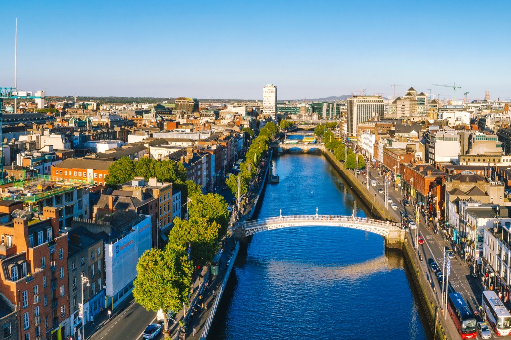 Aerial view of Dublin with the Ha'penny Bridge during sunset in Dublin, Ireland